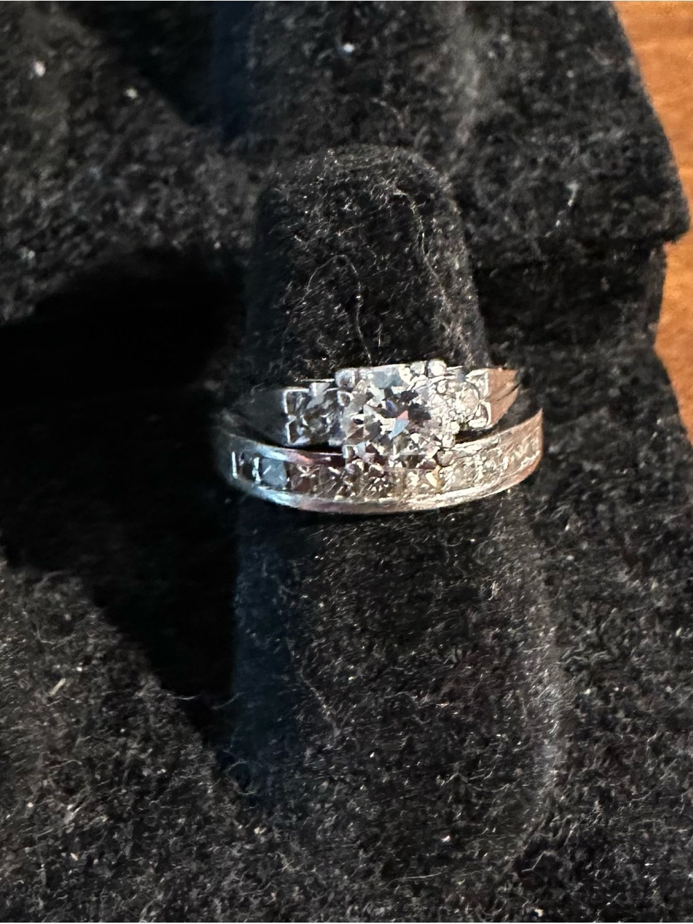 Platinum with diamonds authentic engagement and wedding band attached